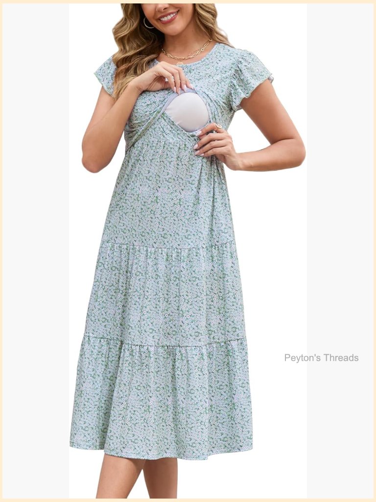 Women Nursing Midi Dress Flutter Sleeve Crew Neck Loose Maternity Summer Dress